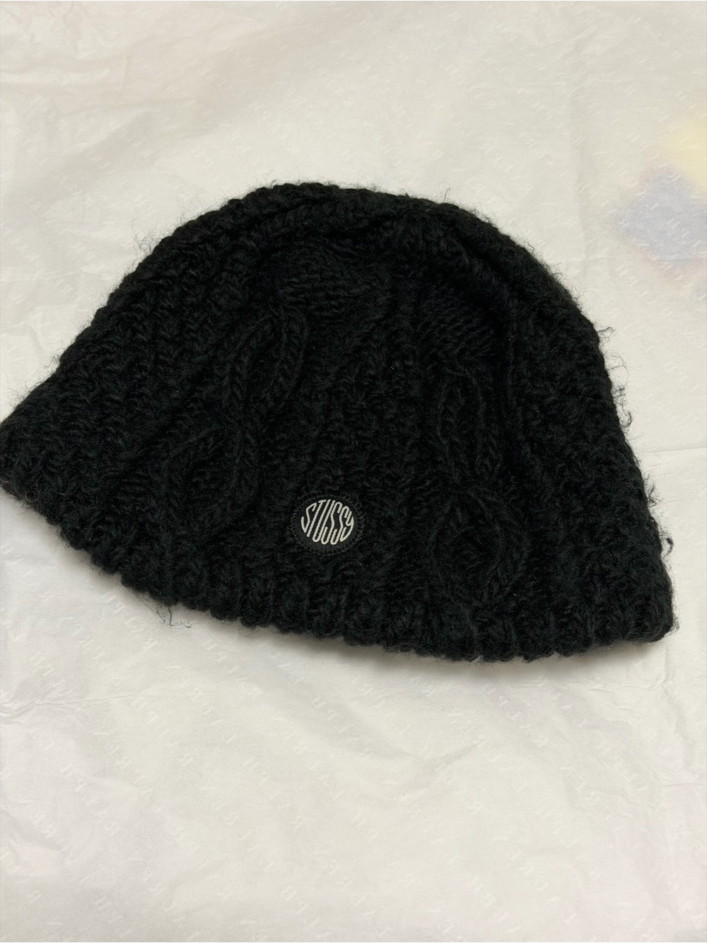 Stussy Black Cable Knit Slouch Beanie with Logo Patch